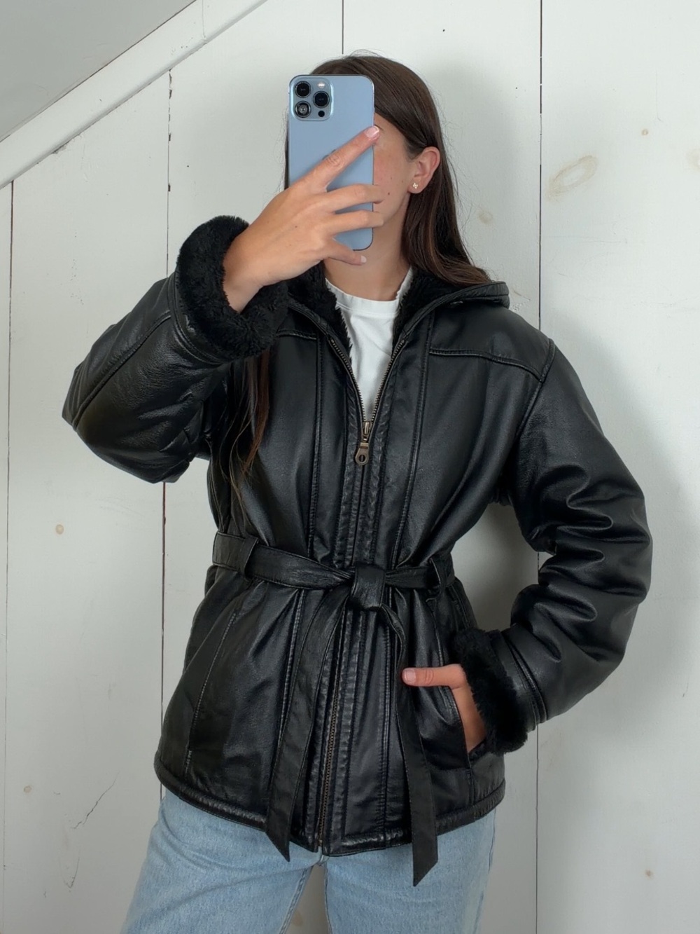 Vintage Wilsons Black Leather Belted Fur Lined Hooded Jacket Women’s Small Y2K